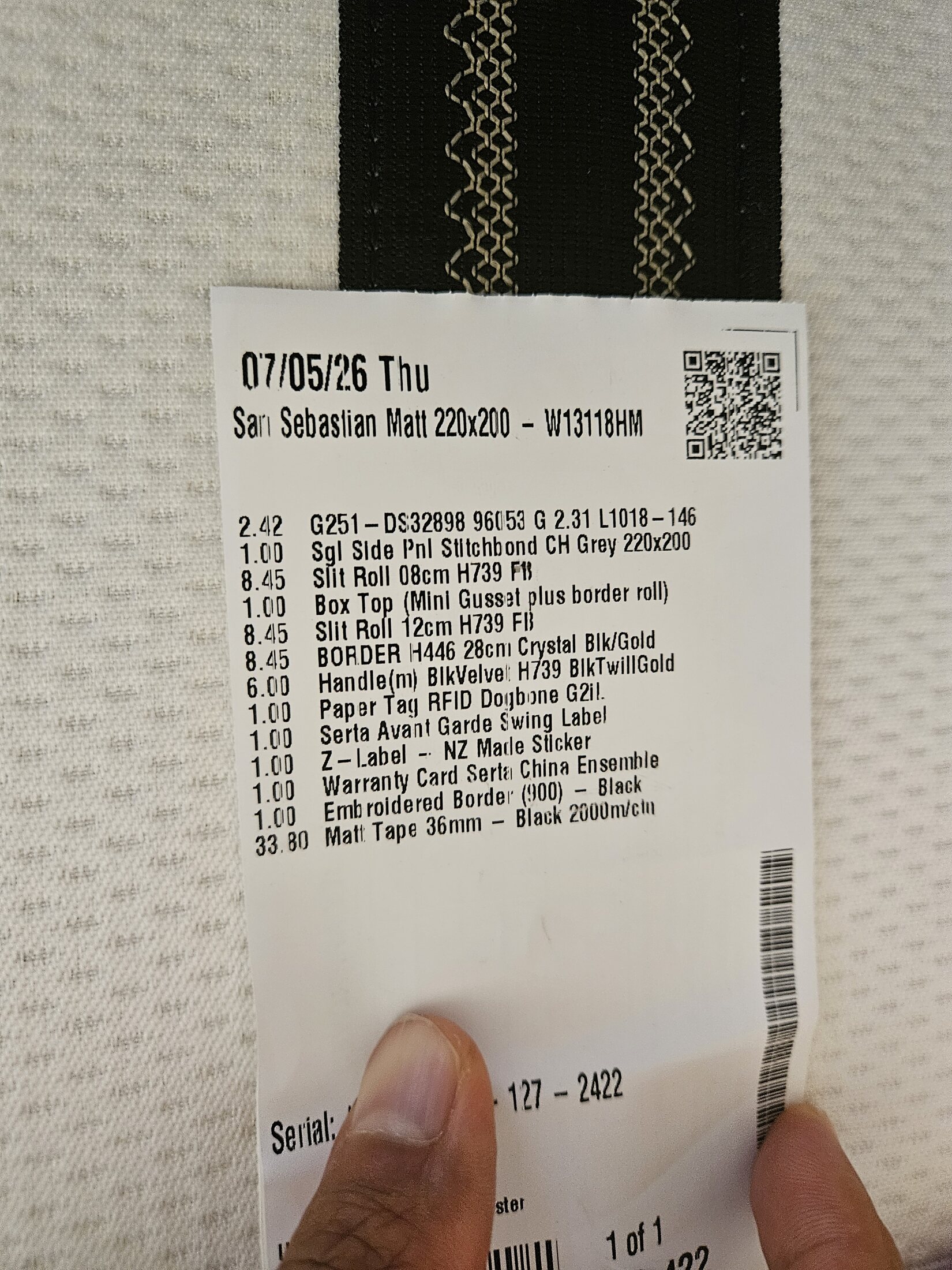 Serta — Product label with QR code and component details