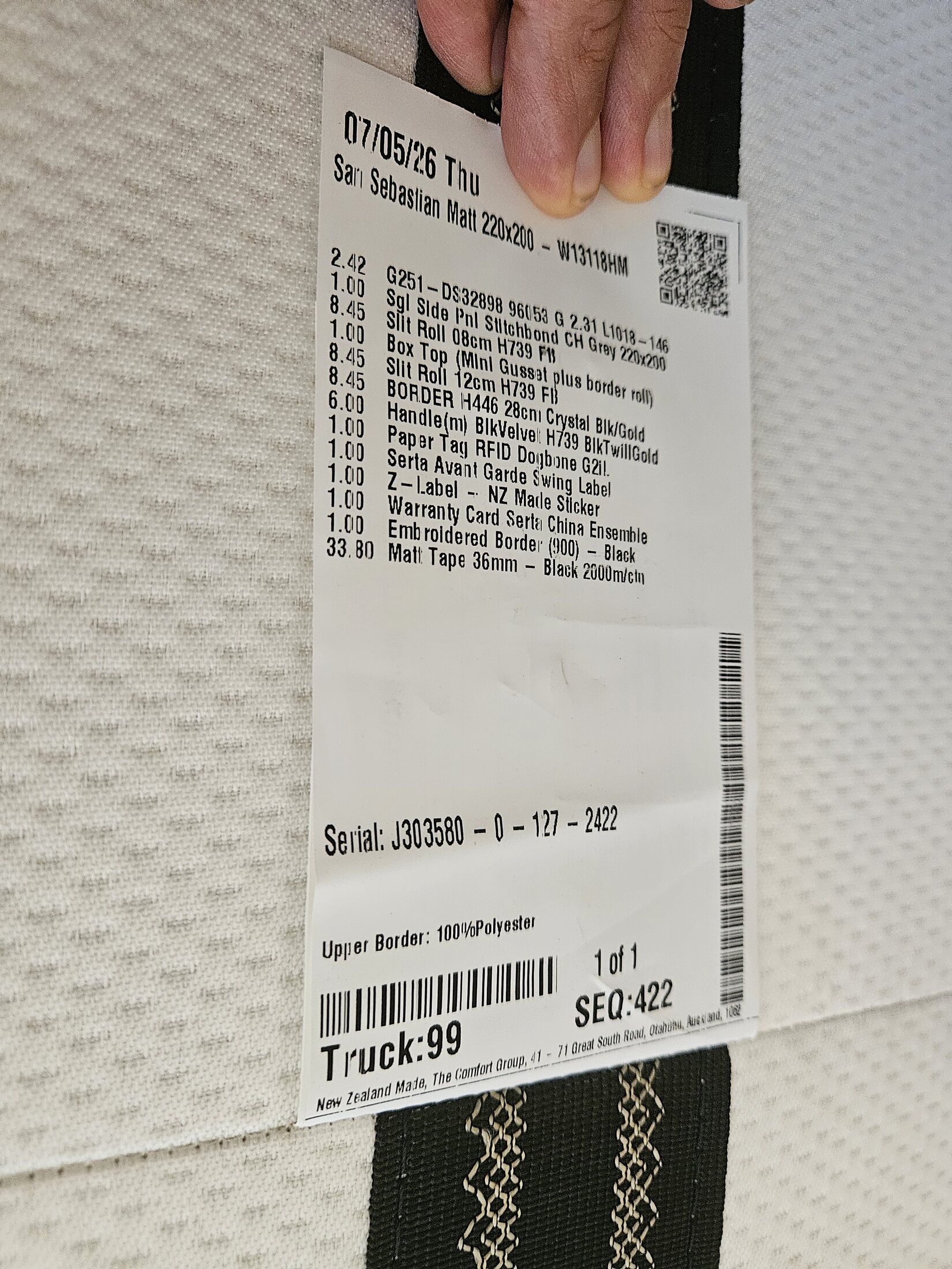 Serta — Serial, barcode, truck and sequence label